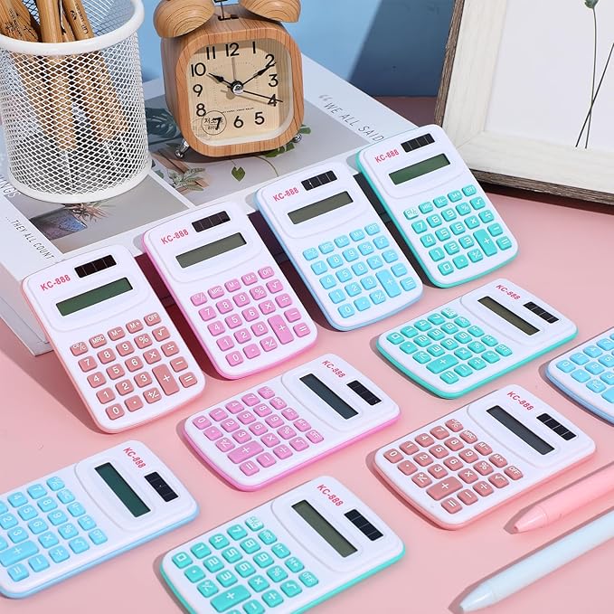 Hoteam 16 Pcs Christmas Pocket Calculator Gift for Students Bulk Mini Handheld Calculator Basic Standard Calculators with Button Battery 8 Digit Display for School Office Home(Light Color)