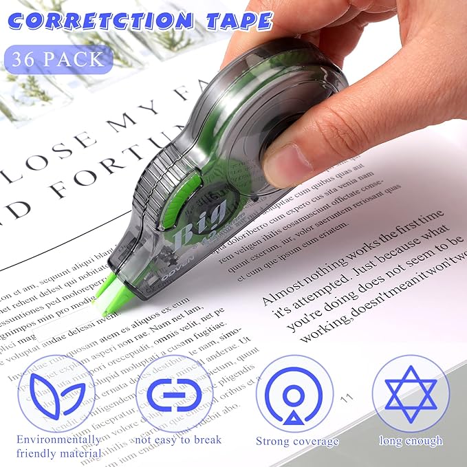 Yexiya 36 Pcs Correction Tape, Colorful Original Correction Tape White Wide Tape Easy to Use Cute Correction Roller for School Home Office Supplies, 0.2 Inch x 39.4 Feet (Blue, Orange, Green)