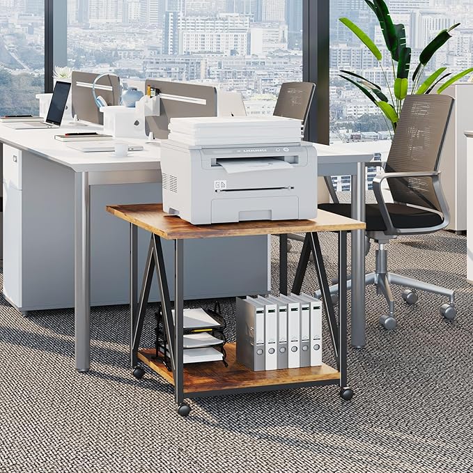 2-Tier Printer Stand, Printer Table with Storage, Industrial Printer Storage Cart with Wheels, Rolling Printer Stand for Heat Press Scanner Fax, Brown