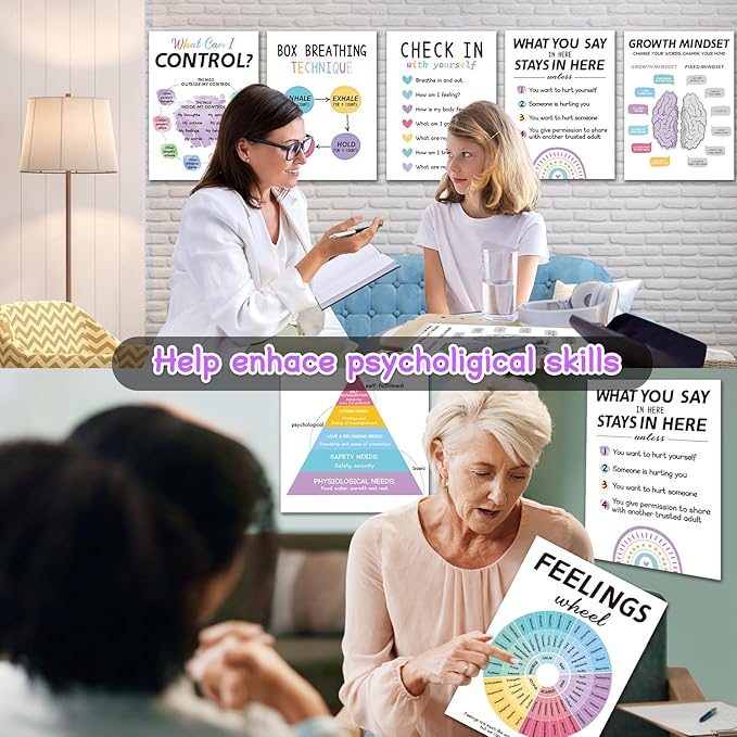 12PCS Mental Health Posters, Anxiety Therapy Motivational Poster Counseling Office Must Haves, 10’’x14’’ School Counselor Supplies, Mental Health Wall Art Decor Home Classroom Inspirational Posters