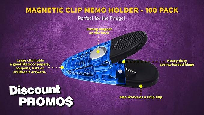 100 Magnetic Memo Holders Set - Customizable Text, Logo - Large Clip, Plastic - TBlue