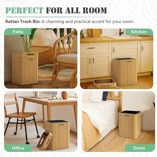 Ypati Rattan Trash Can with Lid, Wicker Bathroom Garbage Bin with Removeable Liner, 4 Gallon Small Waste Basket for Home, Outdoor Patio, Dorm, Office, Boho Decor, with Trash Bags, Tan Yellow, Eureka