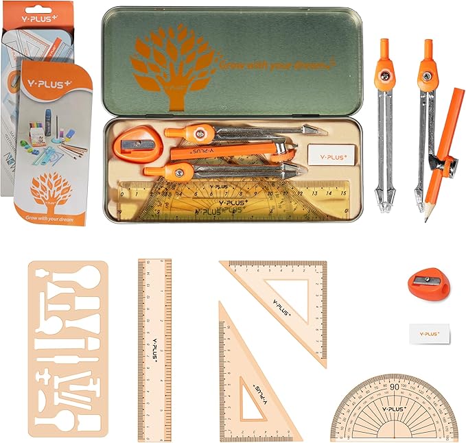 YPLUS Geometry Set for Students, Math Protractor Compass, Box of Protactors Kit for Class Supplies and School Kids Toddler - 11 Pcs