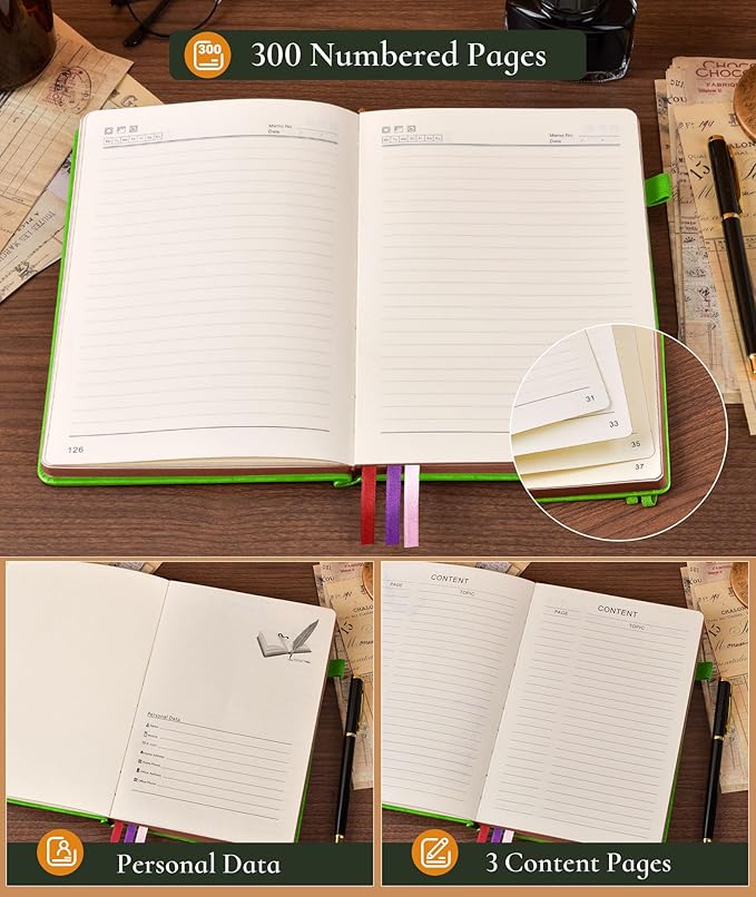 Vintage Leather Journal with 300 Numbered Pages,B5 Lined Journal for Men Women,Daily Journals for Writing,College Ruled Notebook for Work,School,Note taking,Travel Diary,Large (7" x 10")