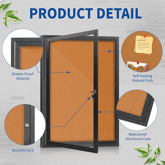 Outdoor Enclosed Bulletin Board Weatherproof 36"x24", Lockable Cork Noticeboard with Tempered Glass Locking Door, Secure Display for Notices, Posters & Memos