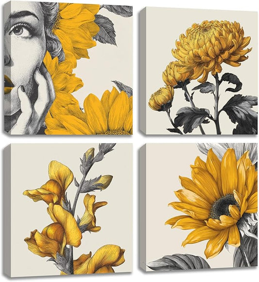 Framed Botanical Wall Art for Living Room Rustic Boho Yellow Flower Canvas Paintings Minimalist Floral Prints for Bedroom Dining Room Hallway Bathroom Office Wall Decor Artwork for Wall