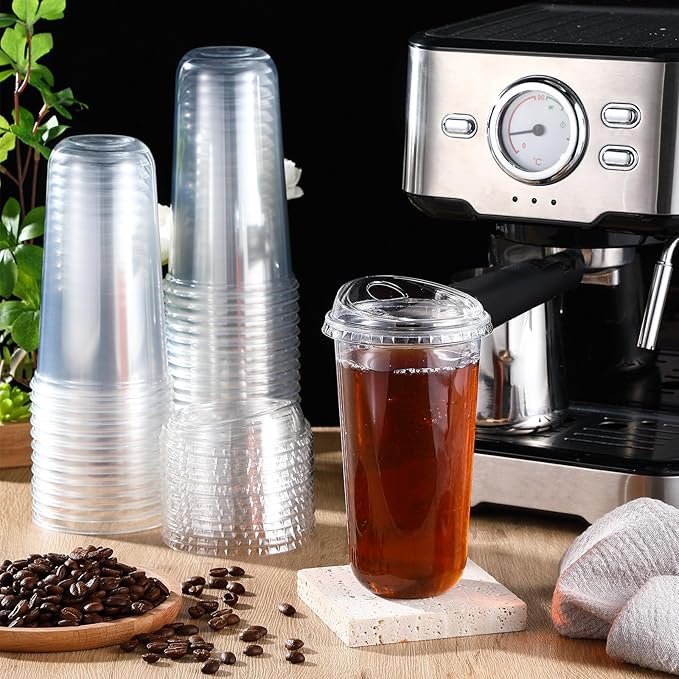 50 Sets Clear Plastic Coffee Cups with Sip Lids, Disposable Plastic PET Crystal Cups for Iced Coffee, Smoothie, Cold Beverage, Drink Shops and Party Catering(Clear,20 oz)