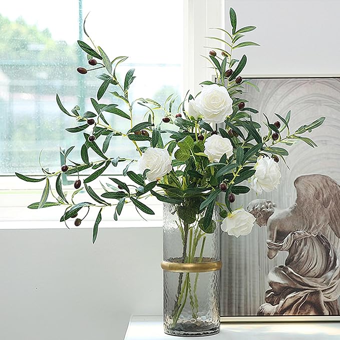 3 PCS 31.5" Artificial Olive Branch Olive Stem Artificial Branches Branchesfor Vase Tabletop Greenery Decor for Home Office Wedding Party