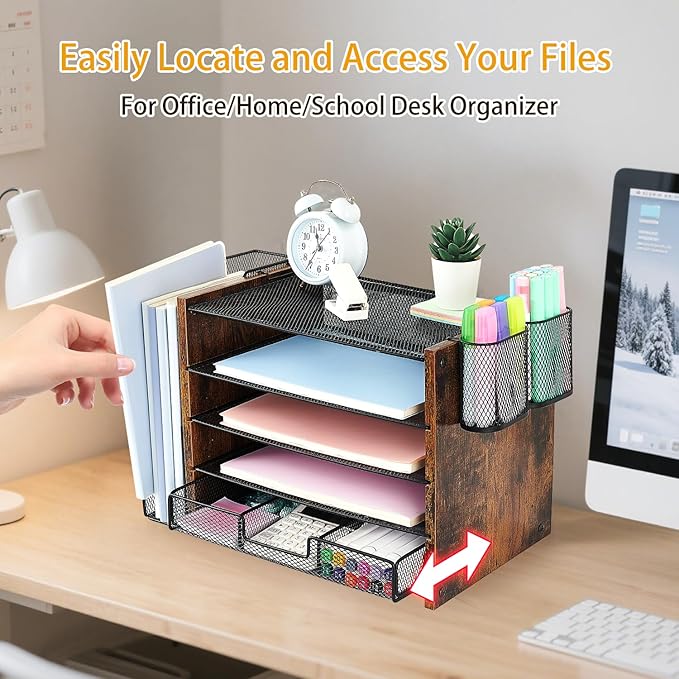 Wood Desk Organizers and Accessories with File Organizer, 5-Tier Paper Organizer with Drawer & Pen Holder, Office Desk Accessories, Workspace Desktop Storage for Office Supplies Organization（Brown）