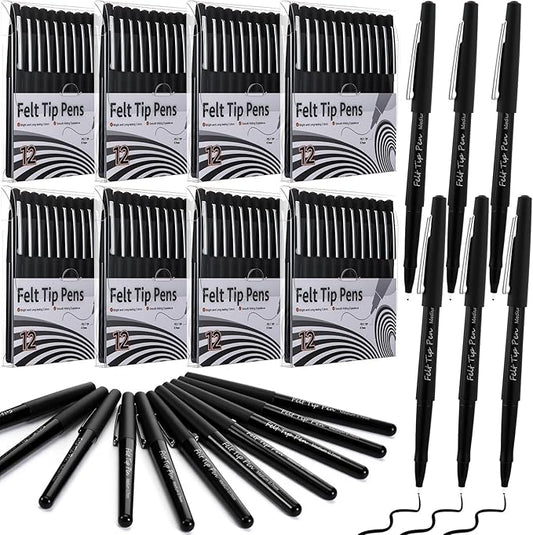 96 Pcs Felt Tip Pens 0.7mm Medium Point Pens Bulk, Felt Tip Markers for Journaling, Writing, Note Taking, Planner, Ideal for Office School Art Supplies Gift (Black)