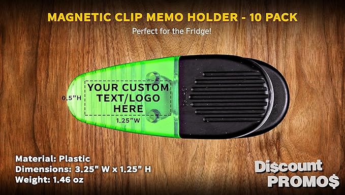 10 Magnetic Memo Holders Set - Customizable Text, Logo - Large Clip, Plastic - TGreen