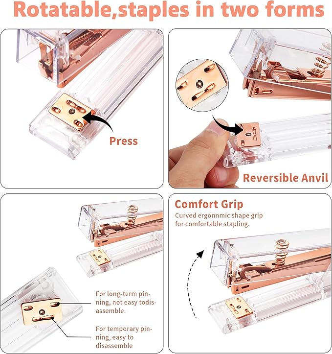 Rose Gold Acrylic Stapler, Desktop Stapler, 25 Sheet Capacity, Includes 1000 Staples and Staple Remover
