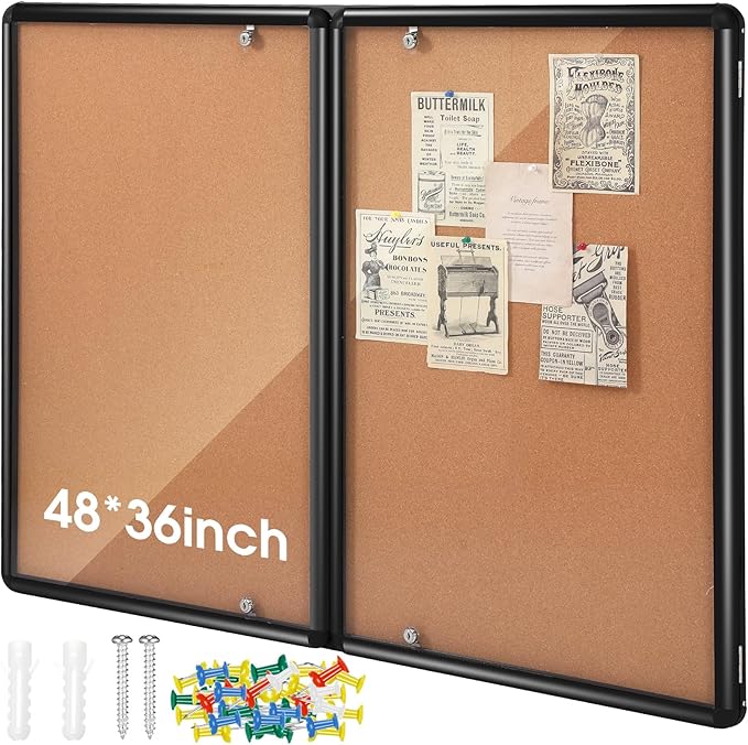 Enclosed Bulletin Board 48" x 36" Weather Resistant Lockable Notice Cork Display Board Wall Mounted 2 Locking Door for School Classroom Commercial Christmas, 12 x A4(Brown, Black Frame)