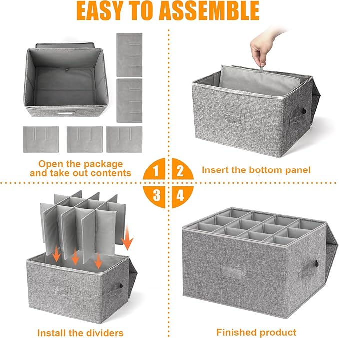 Wine Glass Storage Box 2-Pack, Stemware Container Cases, Stackable w/Hard Shell Top Sides Bottom, Moving Supplies, China Storage Containers for 24 Crystal Glasses Drinkware 10'' Tall, Grey