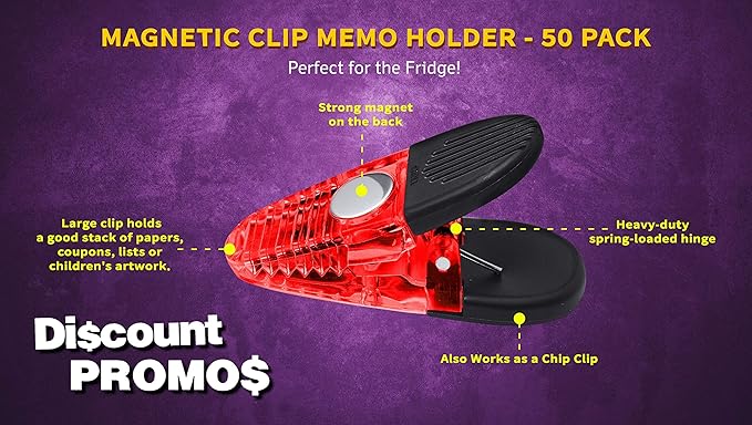 50 Magnetic Memo Holders Set - Customizable Text, Logo - Large Clip, Plastic - TRed