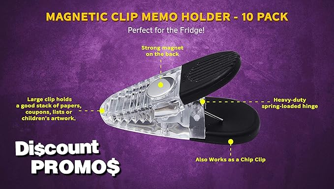 10 Magnetic Memo Holders Set - Customizable Text, Logo - Large Clip, Plastic - Clear