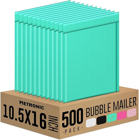 Metronic Bubble Mailer 10.5x16 Inch Teal 500 Pack, Waterproof Padded Envelopes,Self-Seal Bubble Mailers Cushioning Padded Envelopes for Shipping,Jewelry Makeup Supplies, Packaging Bulk