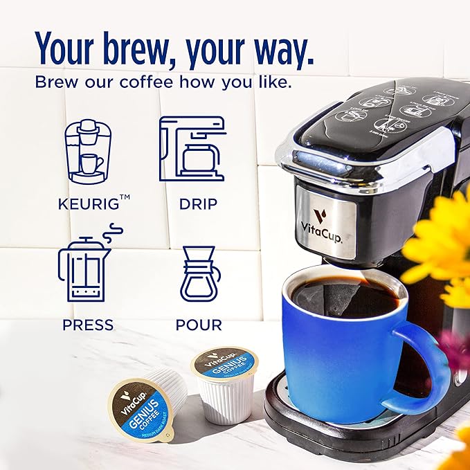 VitaCup Coffee Pods 40ct, Slim w/Garcinia for Diet Support 10ct, Genius Keto w/MCT Oil for Energy & Focus 10ct, Low Acid USDA Organic Perfect 10ct, & Focus w/Mushrooms for Memory & Clarity 10ct