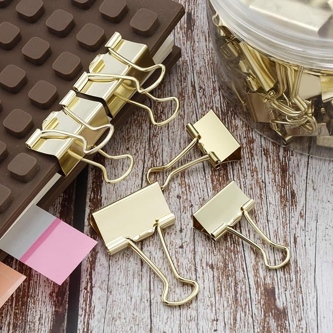 TecUnite 150 Pcs Binder Clips Assorted Sizes Gold Paper Clamps Clips Large Medium Small Office Supplies