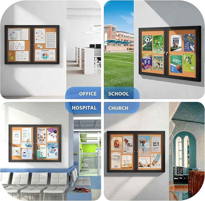 S SWANCROWN Outdoor Bulletin Board Weatherproof 48x36in, Enclosed Bulletin Board Wall Display Case for Office School Commerce, Cork, Black Aluminum Frame