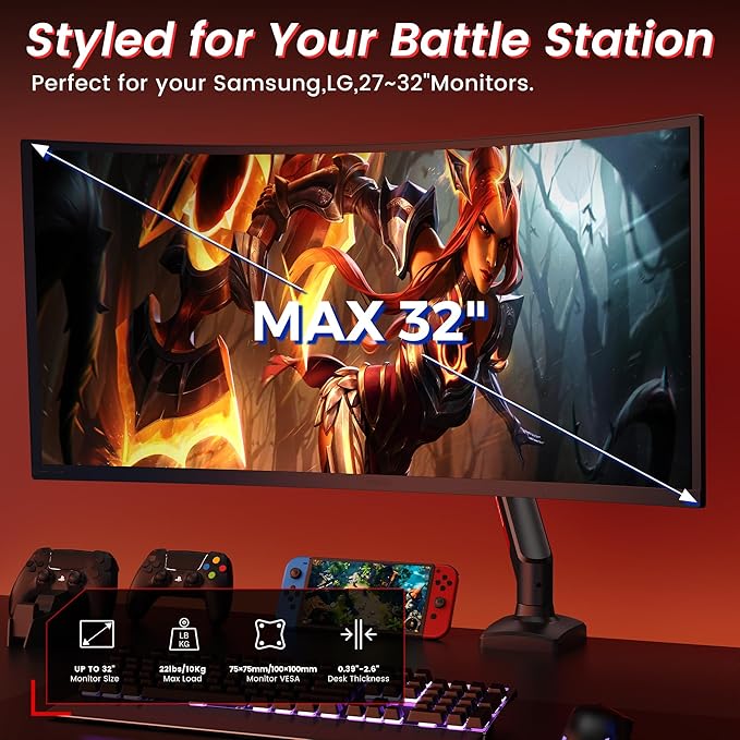 NearHub Gaming Monitor Mount for Computer Screen 13-32" and up to 22 lbs,360° Rotation,+90° to -45° Tilt,180° Swivel,with C Clamp and Grommet Base,Integrated Cable Management,75x75/100x100 VESA,RED