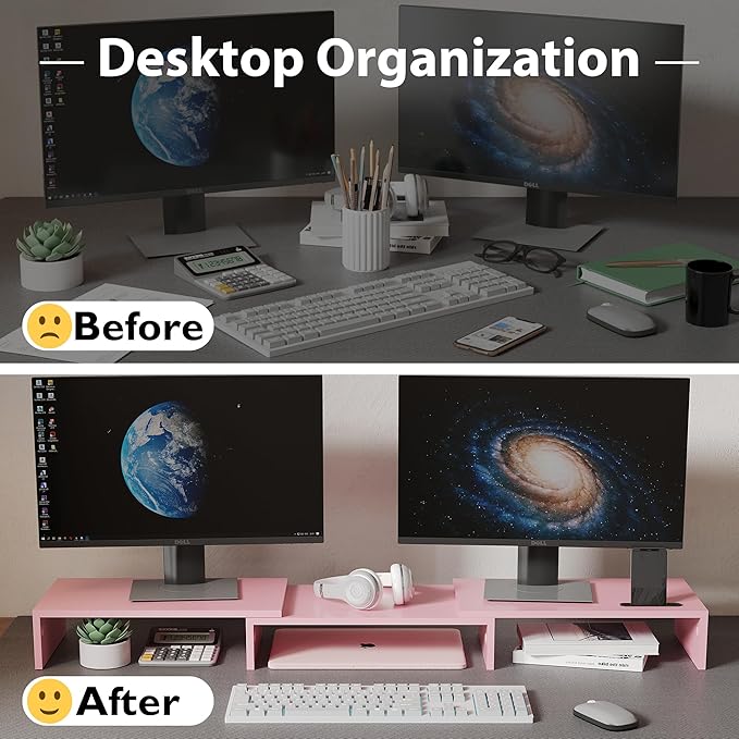 BONTEC Dual Monitor Stand Riser with Smartphone Holder, Adjustable Length & Swivel Angle, Ergonomic Wooden Desktop Organizer for PC Monitor, Laptop, Printer, Large Storage, White