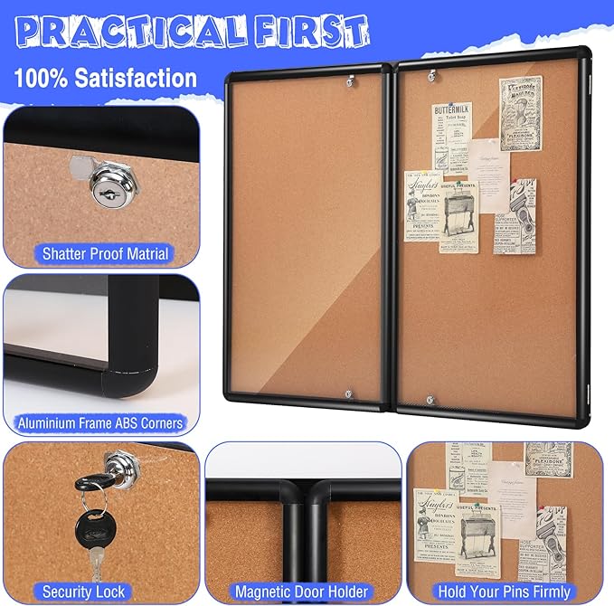 Enclosed Bulletin Board 48" x 36" Weather Resistant Lockable Notice Cork Display Board Wall Mounted 2 Locking Door for School Classroom Commercial Christmas, 12 x A4(Brown, Black Frame)
