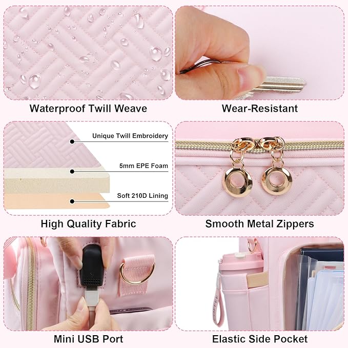 Teacher Tote Bag with Accordion File Organizer Pocket, Soft Nylon Utility Bag with 15.6 inch Laptop Compartment & USB Port, Large Work Tote Bag for Office Supplies Women (Pink)