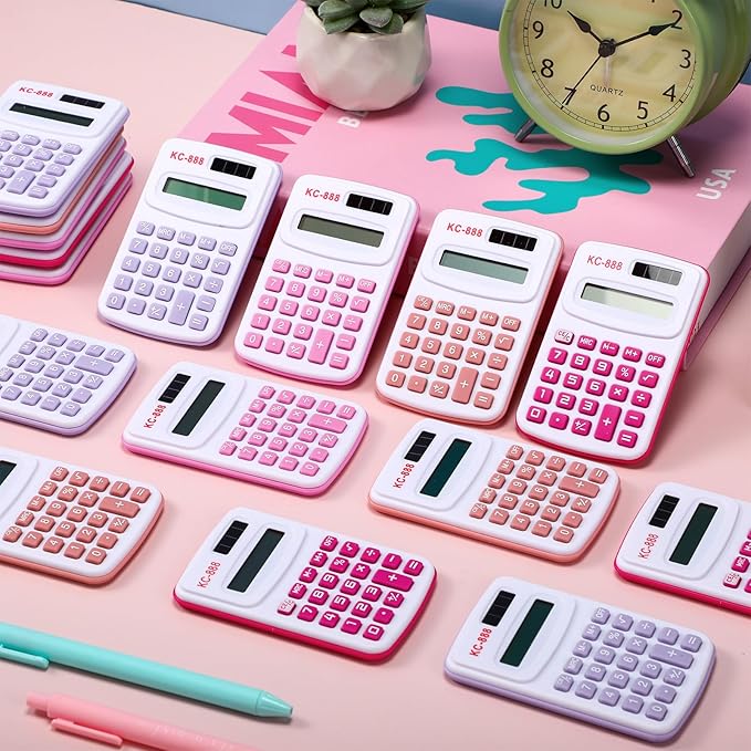 Hoteam 16 Pcs Christmas Pocket Calculator Gift for Students Bulk Mini Handheld Calculator Basic Standard Calculators with Button Battery 8 Digit Display for School Office Home(Pink Color)