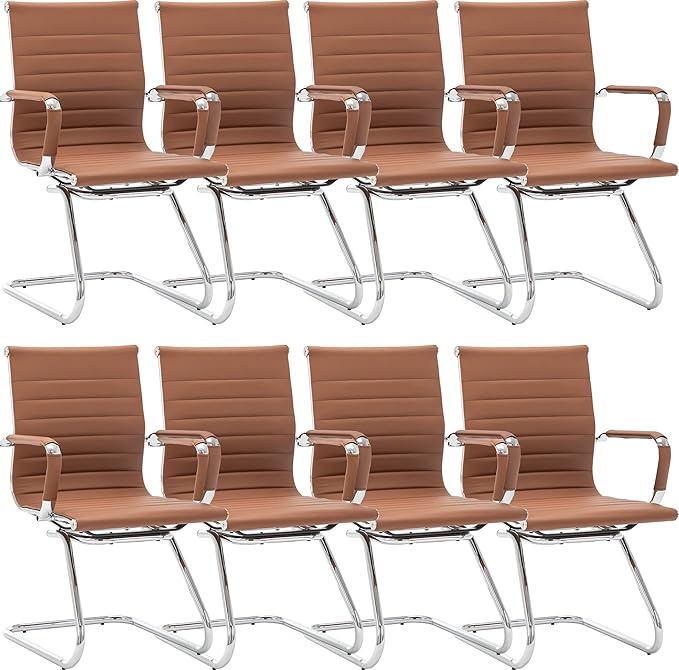 Wahson Office Guest Chairs No Wheels & Reception Chairs, Leather Waiting Room Chairs Mid Back Conference Chair with Sled Base for Meeting/Lobby/Restroom, Coffee (8 Pack)