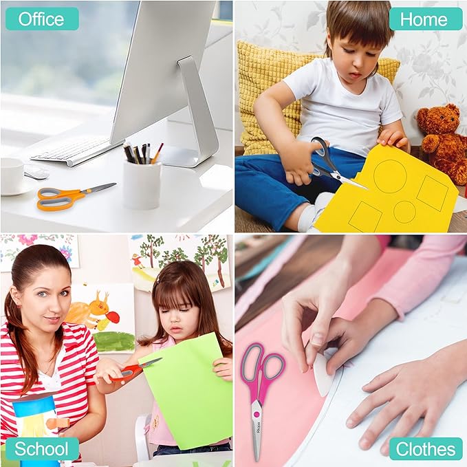 Black 6 Scissors Pack, Rkqoa 8" All Purpose Scissor - High Performance and Designed for Everyday use, Stainless Steel Shears Set with Comfort-Grip, Right/Left Handed