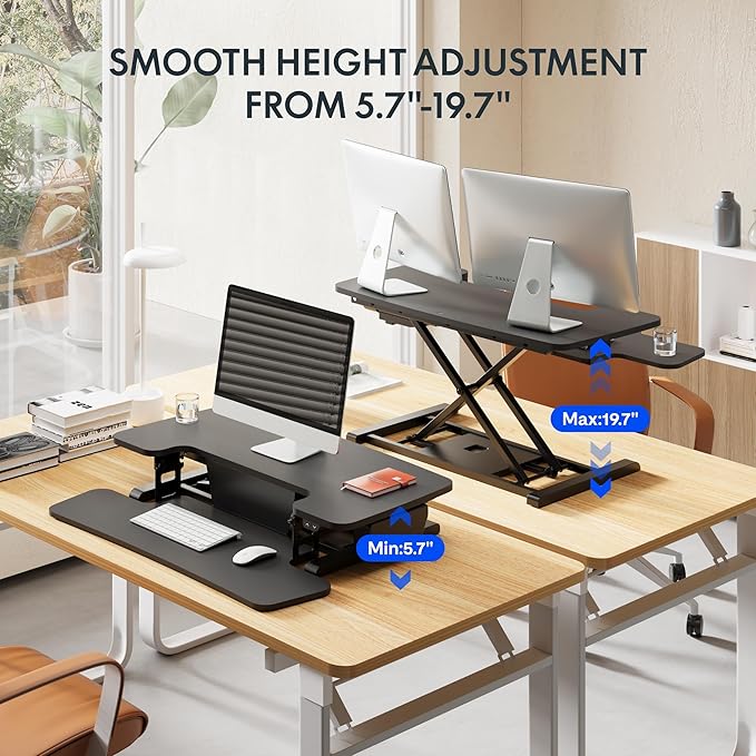 FLEXISPOT 32" Motorized Standing Desk Converter, Electric Stand up Desk Riser, Sit to Stand Dual Monitor and Laptop Workstation with Wide Keyboard Tray, Black