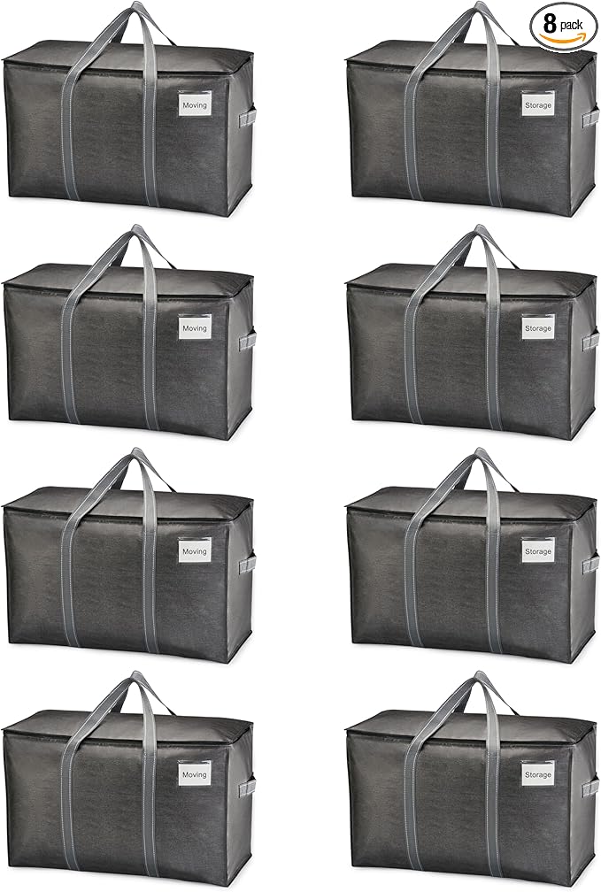 VENO 8 Pack Moving Bags, Heavy Duty, Moving Boxes Alternative, Packing Storage Supplies for Dorm Room Essentials with Zipper for Clothes, Extra Large Totes for Packaging (Dark Gray, 8 Pack)