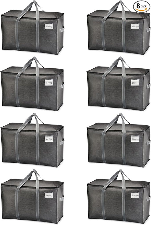 VENO 8 Pack Moving Bags, Heavy Duty, Moving Boxes Alternative, Packing Storage Supplies for Dorm Room Essentials with Zipper for Clothes, Extra Large Totes for Packaging (Dark Gray, 8 Pack)