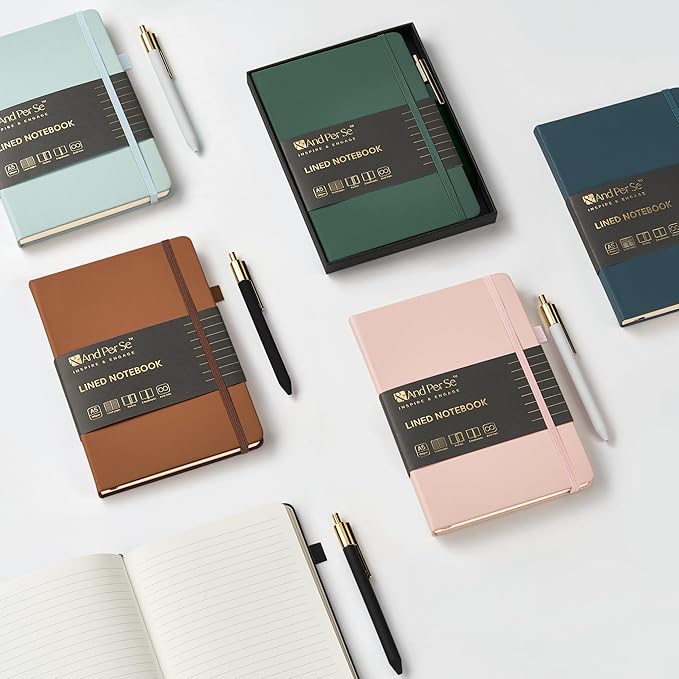&And Per Se Lined Journal and Pen Set, A5 Hardcover Notebook, 160 Pages 100GSM Thick Paper-Gifts for Men Women, for Work, Business, School or Home Writing (Cyan)