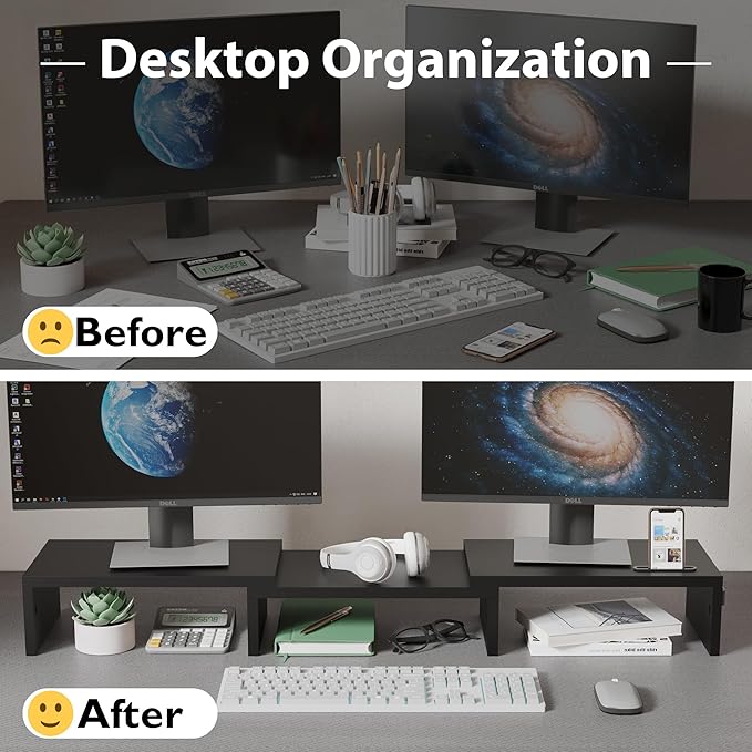 BONTEC Dual Monitor Stand Riser with Smartphone Holder, Adjustable Length & Swivel Angle, Ergonomic Wooden Desktop Organizer for PC Monitor, Laptop, Printer, Large Storage, White