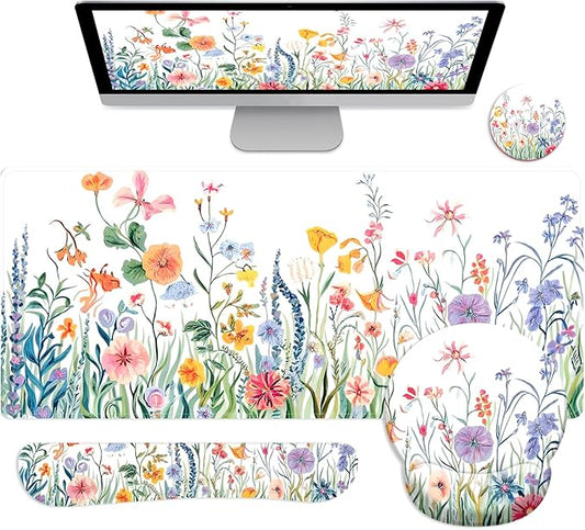 Long Mouse Pad XXL,Ergonomic Desk Mat Gaming Set,Keyboard Wrist Support Rest Mouse Pad Suitable for Office and Home (XXL Fragrant Plants)