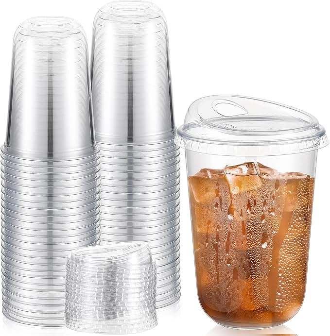 50 Sets Clear Plastic Coffee Cups with Sip Lids, Disposable Plastic PET Crystal Cups for Iced Coffee, Smoothie, Cold Beverage, Drink Shops and Party Catering(Clear,16 oz)