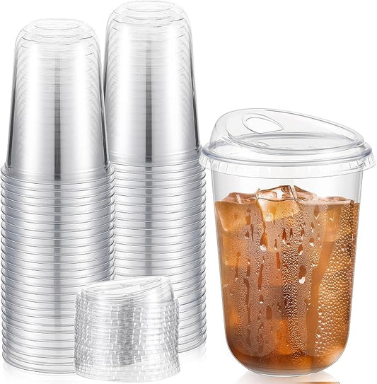 50 Sets Clear Plastic Coffee Cups with Sip Lids, Disposable Plastic PET Crystal Cups for Iced Coffee, Smoothie, Cold Beverage, Drink Shops and Party Catering(Clear,16 oz)