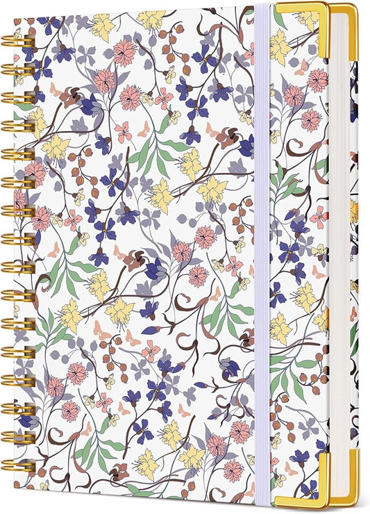 Cute Spiral Notebook Journal for Women, 160 Pages Lined Notebooks 5.75” x 8.38”, A5 Hardcover Spiral Journals with 100 GSM Thick Paper, College Ruled Notebook for Writing Work School, Purple Floral