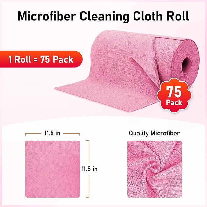 HOMERHYME Microfiber Cleaning Cloth Roll, 75 Pack Tear Away Microfiber Towel, Reusable Washable Shop Towels, Lint Free Cleaning Rags for Car Home Kitchen Garage & Automotive 11.5"x11.5" Pink