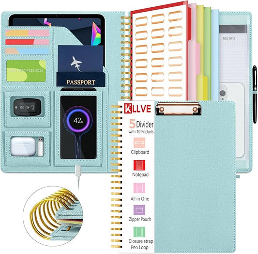 Blue Foldable Spiral Clipboard Folio with Storage Zipper Pouch, 5 Plastic Folders with Pockets,Refillable Lined Notepad (8.5" x 11"), Hardcover Project Organizer with 39 Stickers