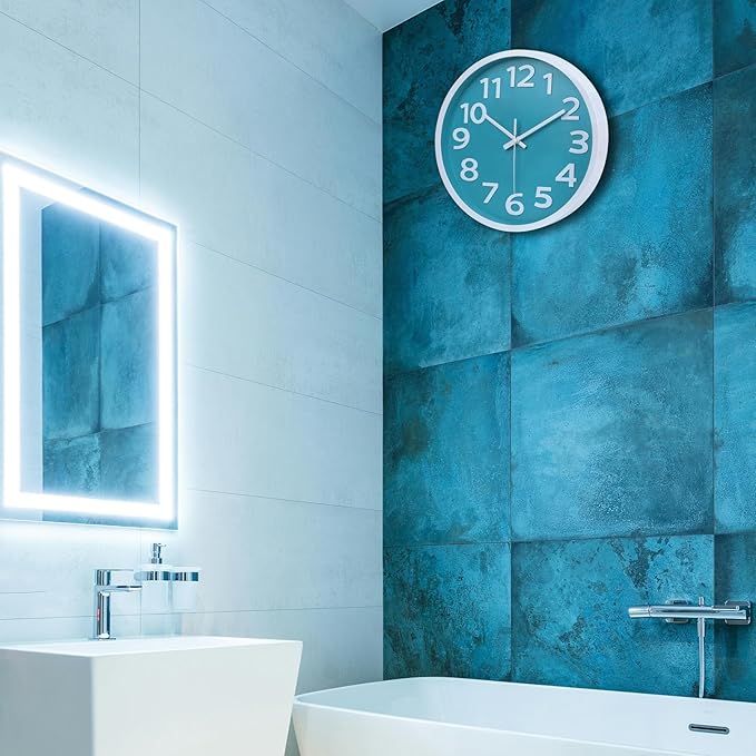 10 Inch Wall Clock Silent Non-Ticking, Big Numbers Easy to Read,Battery Operated Round Quartz Analog Clock for Kitchen Bathroom Classroom Kids Bedroom Wall Decor,Coastal Beach Theme (Aqua)
