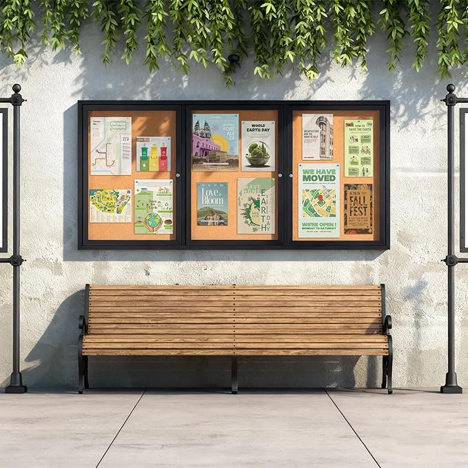 SWANCROWN Outdoor Bulletin Board 70x36in, Enclosed Bulletin Board with Locking Door for Office School Commerce, Cork, Black Aluminum Frame