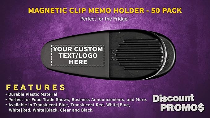 50 Magnetic Memo Holders Set - Customizable Text, Logo - Large Clip, Plastic - Black