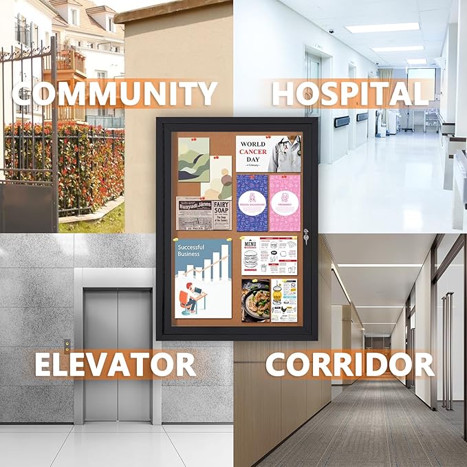 SWANCROWN Outdoor Bulletin Board 36x24in, Enclosed Bulletin Board with Locking Door Wall Display Case for Office School Commerce, Cork, Black Aluminum Frame