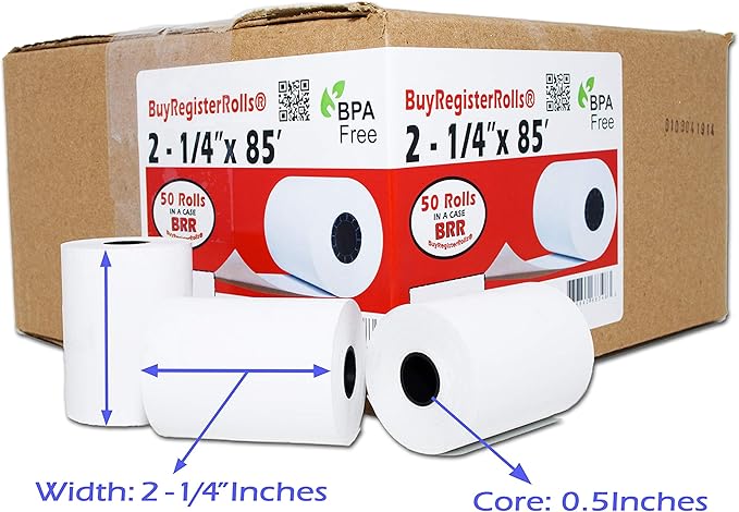 (100 Rolls) 2 1/4 x 85 Thermal Paper Receipt Rolls 2.25 x 85 ft, 55 GSM Premium Quality German Paper Fits All Credit Card Terminals Verifone VX510 VX570 FD50 BPA Free from BuyRegisterRolls