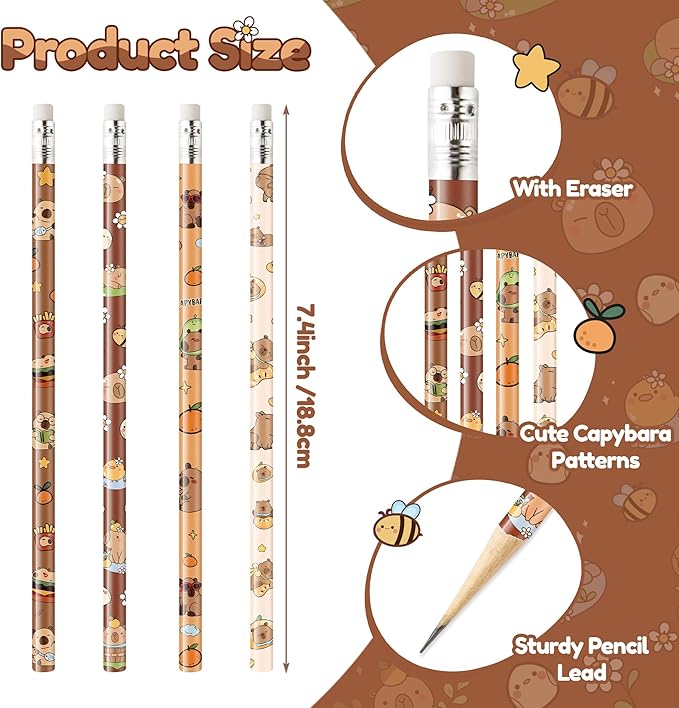 Xqumoi Capybara Pencils with Eraser - Cute Capybara #2 HB Pencils, School Classroom Student Rewards Back to School Office Supply Animal Print Goodie Bag Fillers Stuffers Birthday Party Favors