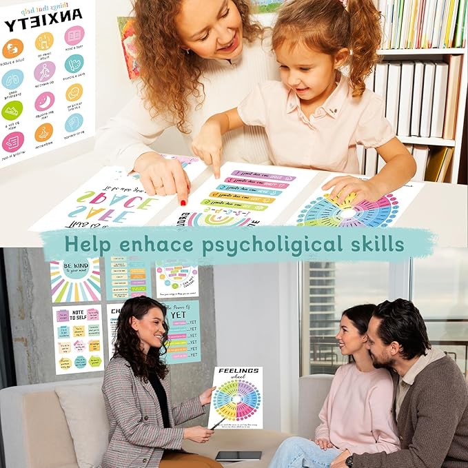 12 Pcs Mental Health Posters, Anxiety Therapy Office Decor, Counseling Office Must Haves, 10’’x14’’ School Counselor Supplies, Wall Art Decor Home Classroom Therapist Mental Health Gifts
