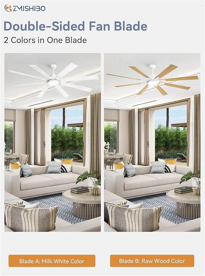ZMISHIBO 72 inch White Ceiling Fans with Lights and Remote, Indoor/Outdoor Ceiling Fan for Patio Living Room, 6 Speed Reversible Quiet DC Motor, 3 CCT, Dual Finish Blades